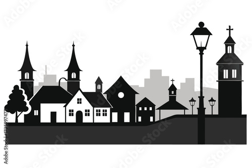 Silhouette of a Charming Village with Church, Homes, and Street Lights Art