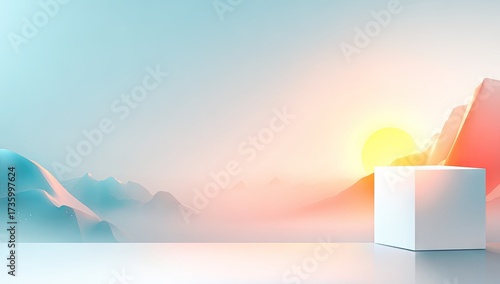 Empty white cube display podium against a pastel landscape with a sunrise.