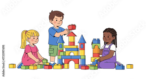 Three Diverse Children Building Colorful Block Tower Together.