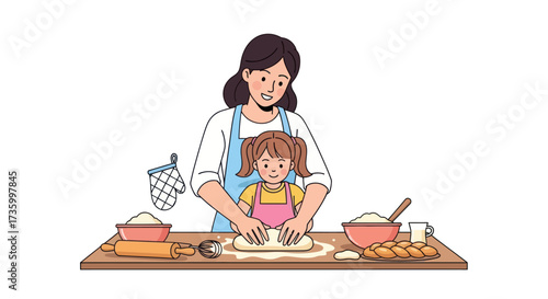 Mother and daughter happily baking bread together in a kitchen.
