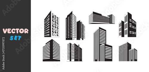 Collection of stylized black and white skyscraper building illustrations