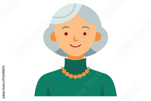Smiling Woman with Short Gray Hair, Green Turtleneck, and Orange Beaded Necklace Illustration