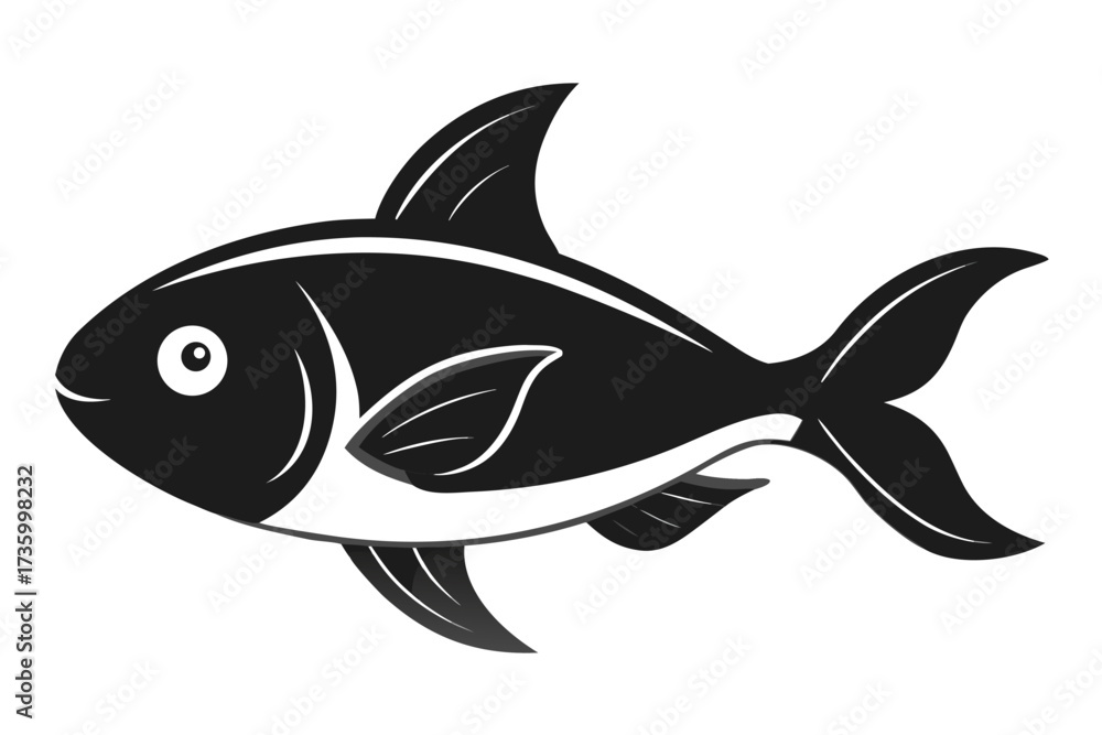 Fototapeta premium Stylized Black and White Fish Illustration with Fins and Tail on White Background