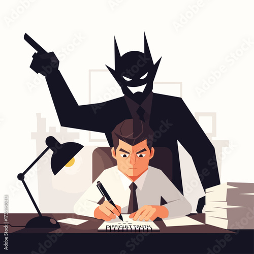 An overworked employee writes at his desk, controlled by a demonic shadow representing a tyrannical boss.