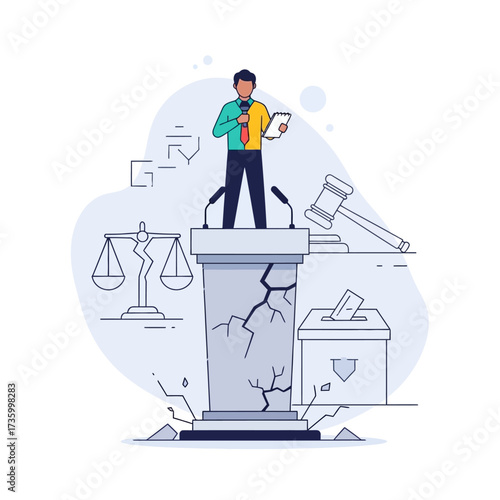 A speaker addressing a crowd from a podium, alongside justice and voting symbols.