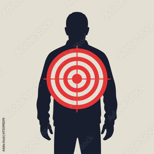 A dark silhouette of a man with a large red and white bullseye target centered on his chest.