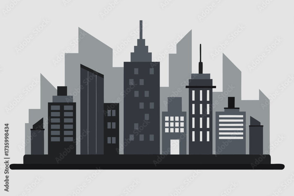 Fototapeta premium Stylized Illustration of City Skyline with Buildings in Gray and Black Colors