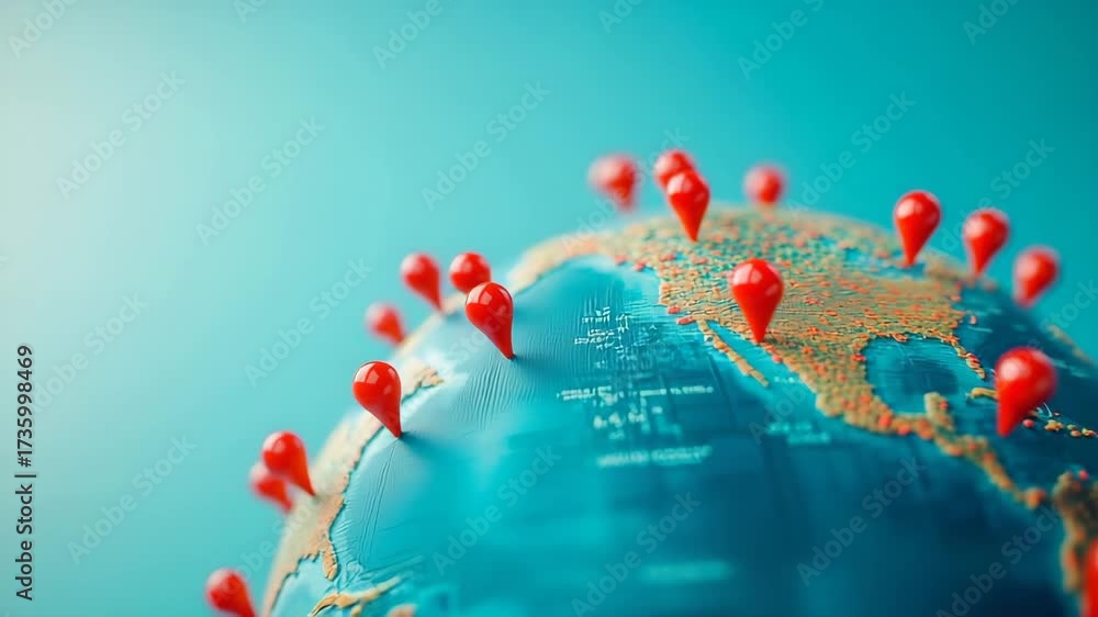 Closeup globe with red location pins scattered across various continents. Background is a soft blue, emphasizing the global theme