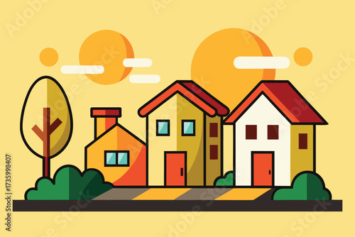 Stylized Houses Illustration Cartoon Homes with Tree, Bushes, Sunset, and Warm Yellow Background