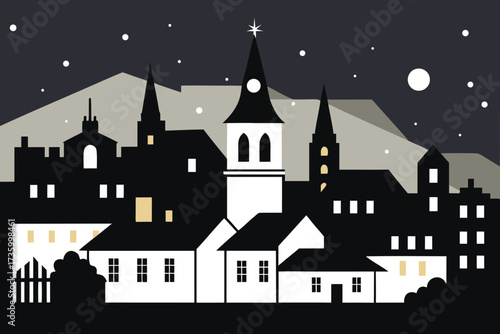 Stylized Nightscape with Silhouetted Buildings, Starry Sky, and Minimalist Aesthetic Art