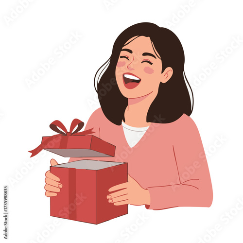 Happy Woman Opening a Red Gift Box with a Surprise Inside.