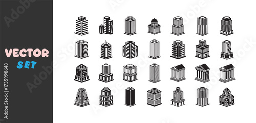 Collection of black and white isometric building icons for cityscape design