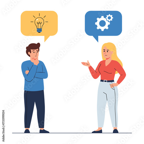 Man with lightbulb idea bubble and woman with gears bubble talking conversation communication