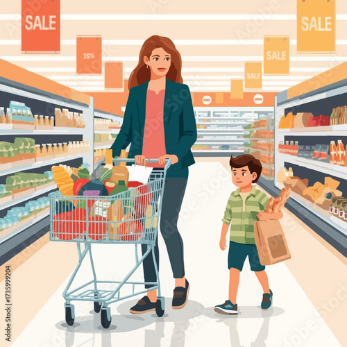 Mother and child shopping for groceries in a brightly lit supermarket aisle