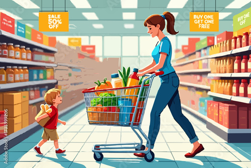 Mother and child shopping for groceries in a brightly lit supermarket aisle