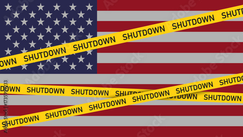 USA Shut Down with Yellow Hazard Tape Design and USA Flag Background Vector Illustration