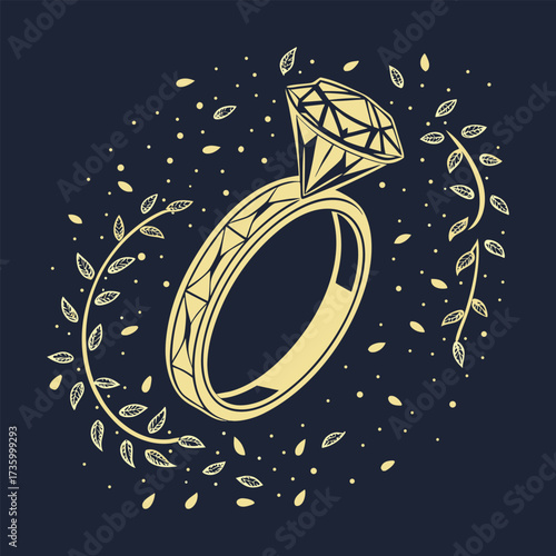 Elegant golden diamond engagement ring with floral decorative elements on dark background in vector style