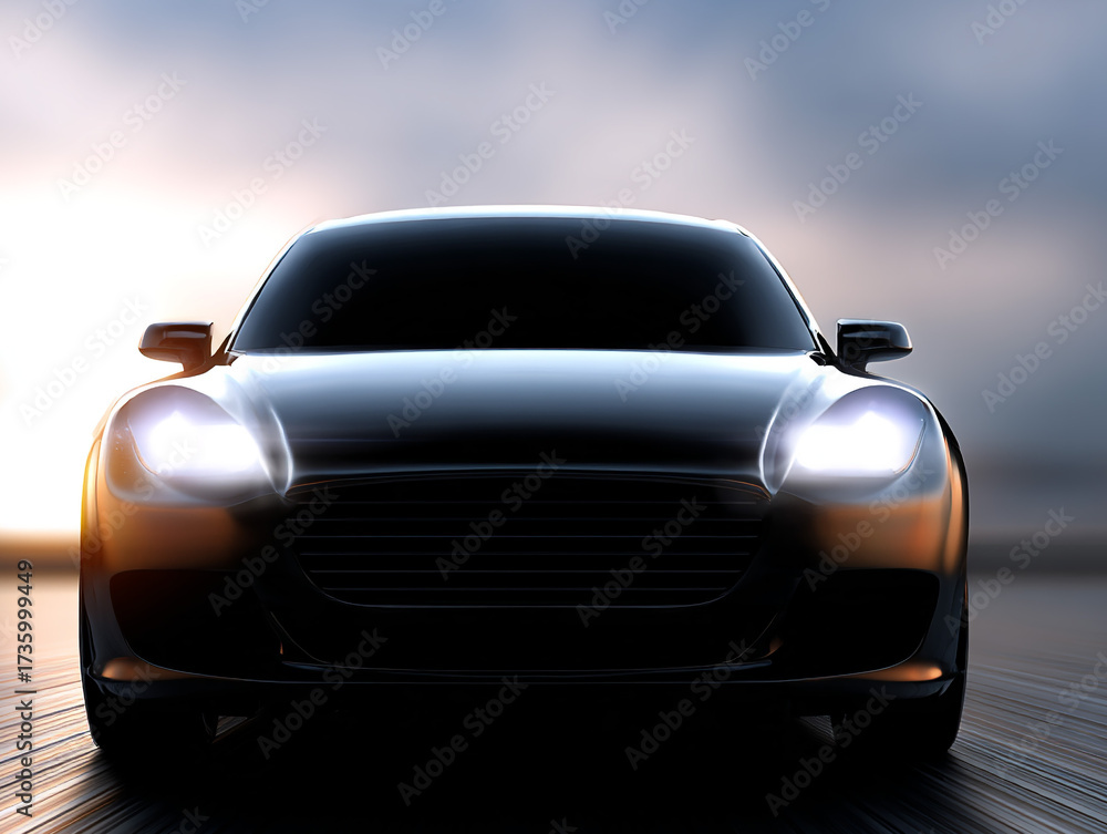 Naklejka premium Front view of a sleek black luxury car with headlights on driving at high speed on a reflective road during sunset creating a dramatic modern scene