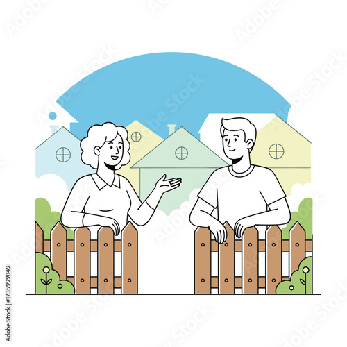 Man and woman talking over a wooden fence in a suburban neighborhood with houses and blue sky neighbors
