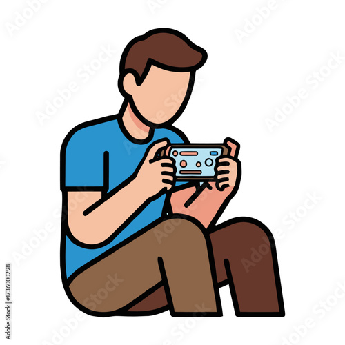 Young man sitting and playing game on his smartphone