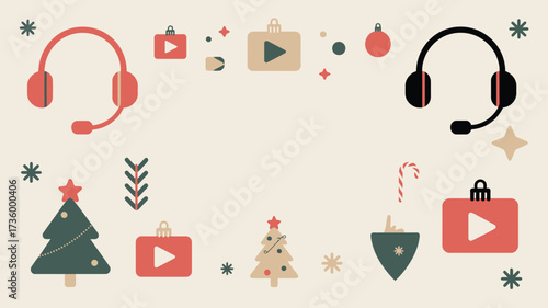 Holiday themed background with headsets christmas trees and play button icons on a light background