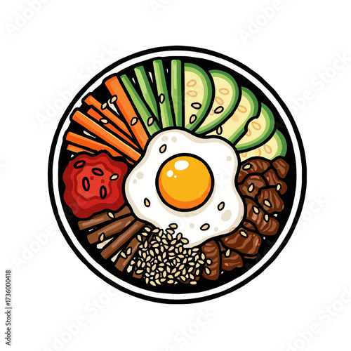 Top view delicious bibimbap bowl with fried egg, beef, vegetables, and gochujang sauce