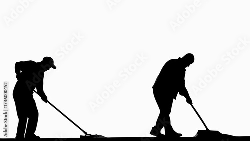 Men sweep with brooms, showing community effort and dedication to cleaning and maintenance, scalable