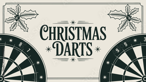 Christmas darts graphic with holly leaves and dartboards on a beige background in a vintage style