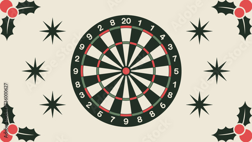 Dartboard with holly and stars on a cream background in a festive holiday themed illustration
