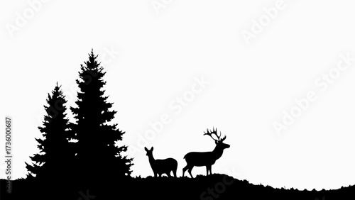 Elegant silhouette art featuring a majestic deer and doe amidst evergreens, perfect for nature themes
