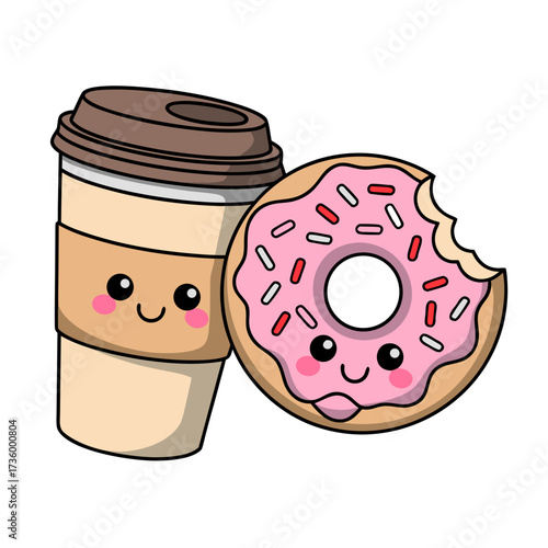 A cute kawaii-style illustration of a coffee cup and donut with faces