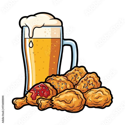 Delicious fried chicken drumsticks and nuggets with frothy glass beer