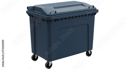 Large black industrial plastic wheeled dumpster bin isolated on white background perfect for waste management