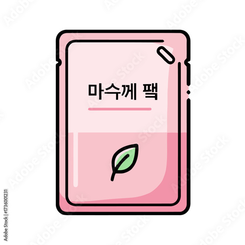 Pink facial mask package with korean text and green leaf icon, isolated on transparent