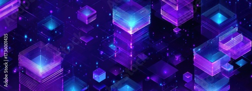 An abstract digital image features glowing cubes and geometric shapes, in neon blue and purple