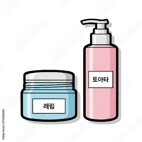 Two cosmetic bottles, cream jar and pump dispenser