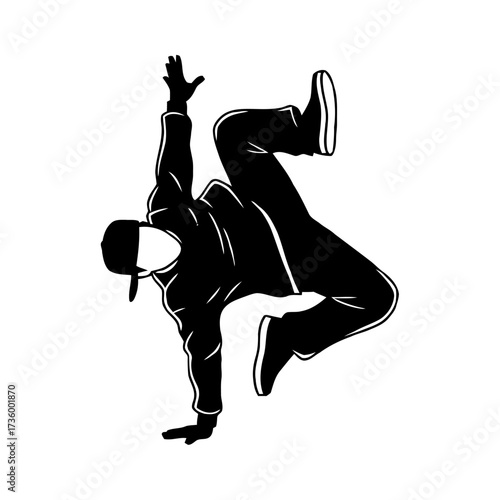 Dynamic silhouette breakdancer performing move, captured in black and style with transparent, representing hip hop culture and street dance