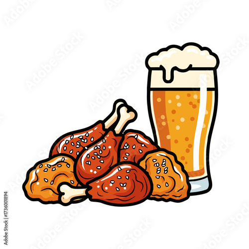 Pile fried chicken drumsticks and wings next to tall glass frothy beer