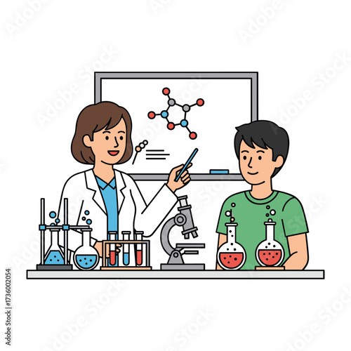 Female scientist teaching male student about molecular structure in laboratory learning