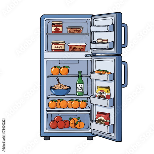 Open blue refrigerator packed with food items like fruits, vegetables, bottles, and packaged goods