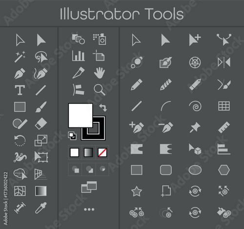 Vector icon set of popular graphic design and editing tools on a dark background. Perfect for tutorials, interface concepts, creative projects. Flat minimal style for digital use. Vector illustration