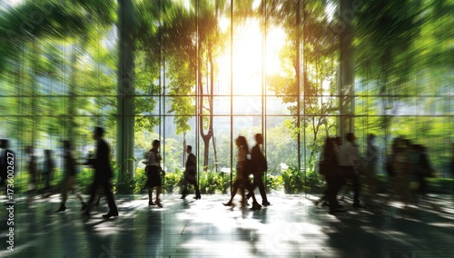 Blurred image of people inside a glass building, with trees visible outside, and bright sunlight