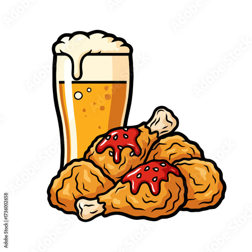 Glass beer with foam and bubbles next to pile fried chicken drumsticks drizzled with red sauce, isolated on transparent