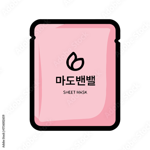 Pink sheet mask package with korean text and the words sheet mask and small green leaf icon, isolated on transparent