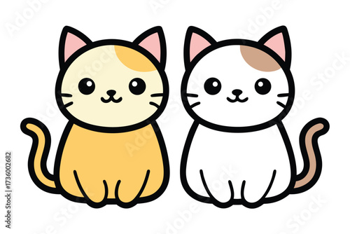 Two Cute Cartoon Cats Sitting SidebySide Yellow and White Kitties with Kawaii Eyes