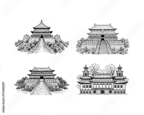 Four detailed black and white ink sketches of traditional chinese imperial palaces and pagodas surrounded by lush foliage and trees