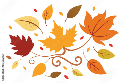 Vibrant Autumnal Leaves with Swirling Branches and Colorful Foliage, Isolated on White