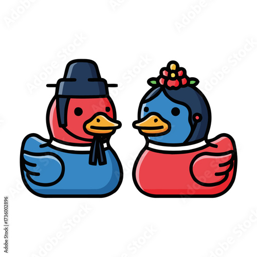 Charming cartoon depiction two ducks dressed in traditional korean attire, one in blue robe with black hat and the other in red hanbok with floral headpiece