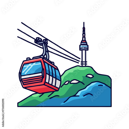 Vibrant cartoon red cable car ascending green mountain towards tall tower, with blue sky and water elements, representing scenic viewpoint