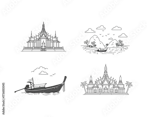 Collection of four hand drawn sketch illustrations featuring traditional thai temples and longtail boats in a tropical landscape